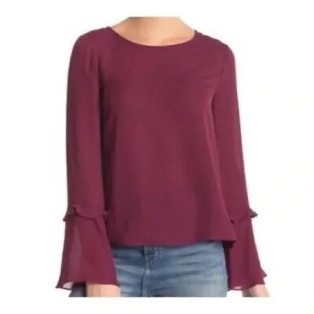 Rebecca Minkoff Shanaya Top Blouse Burgundy Wine Round Neck Bell Sleeve Size XS